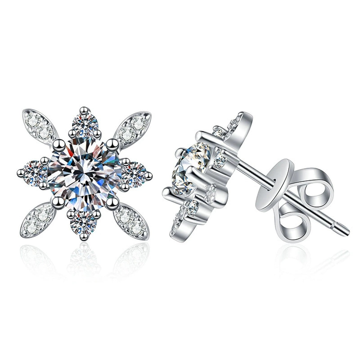 Floral Starburst Moissanite Stud Earrings with CZ in White Gold-Plated S925 on clean white background showing starburst floral studs with clustered moissanite sparkle