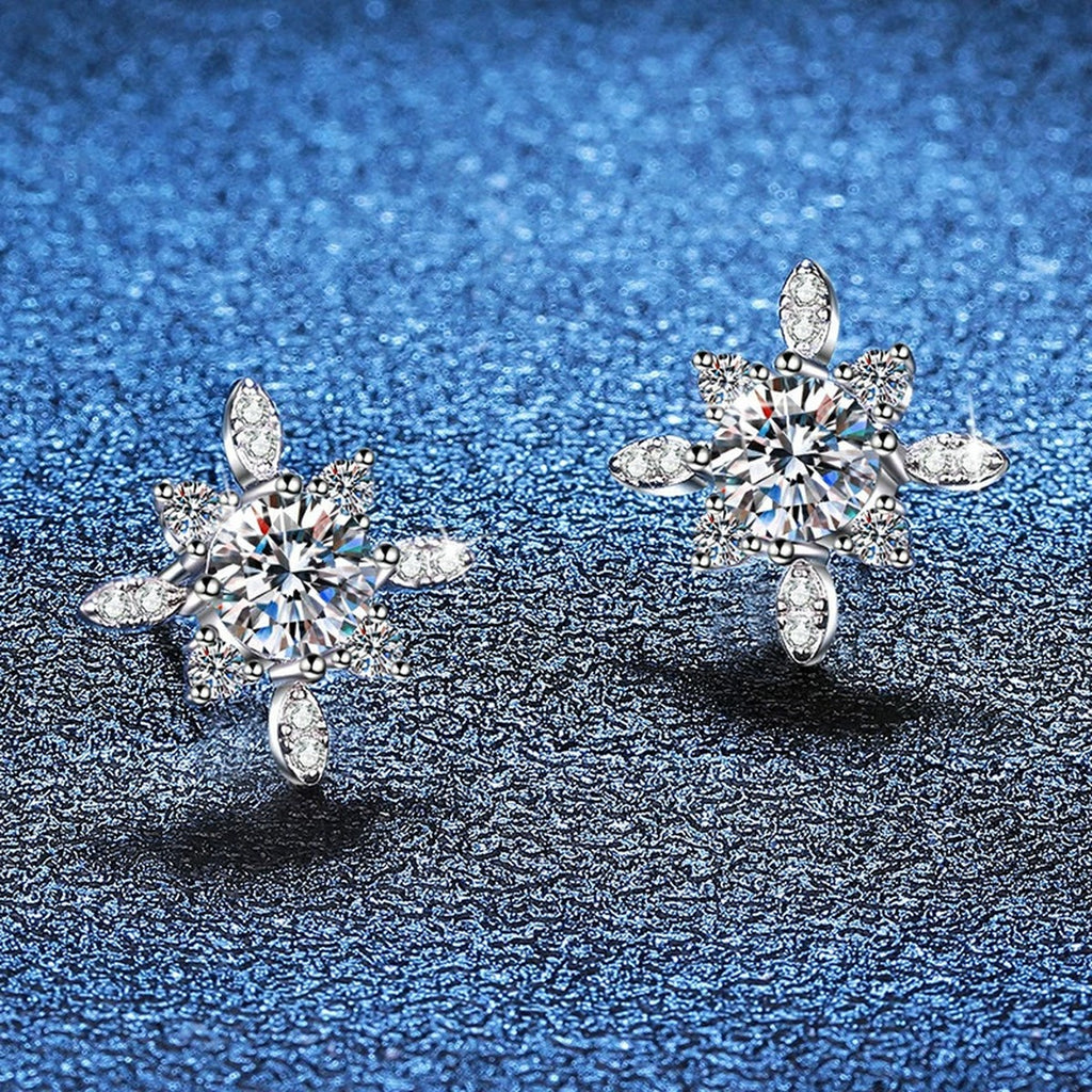 Floral Starburst Moissanite Stud Earrings with CZ in White Gold-Plated S925 blue scene product view