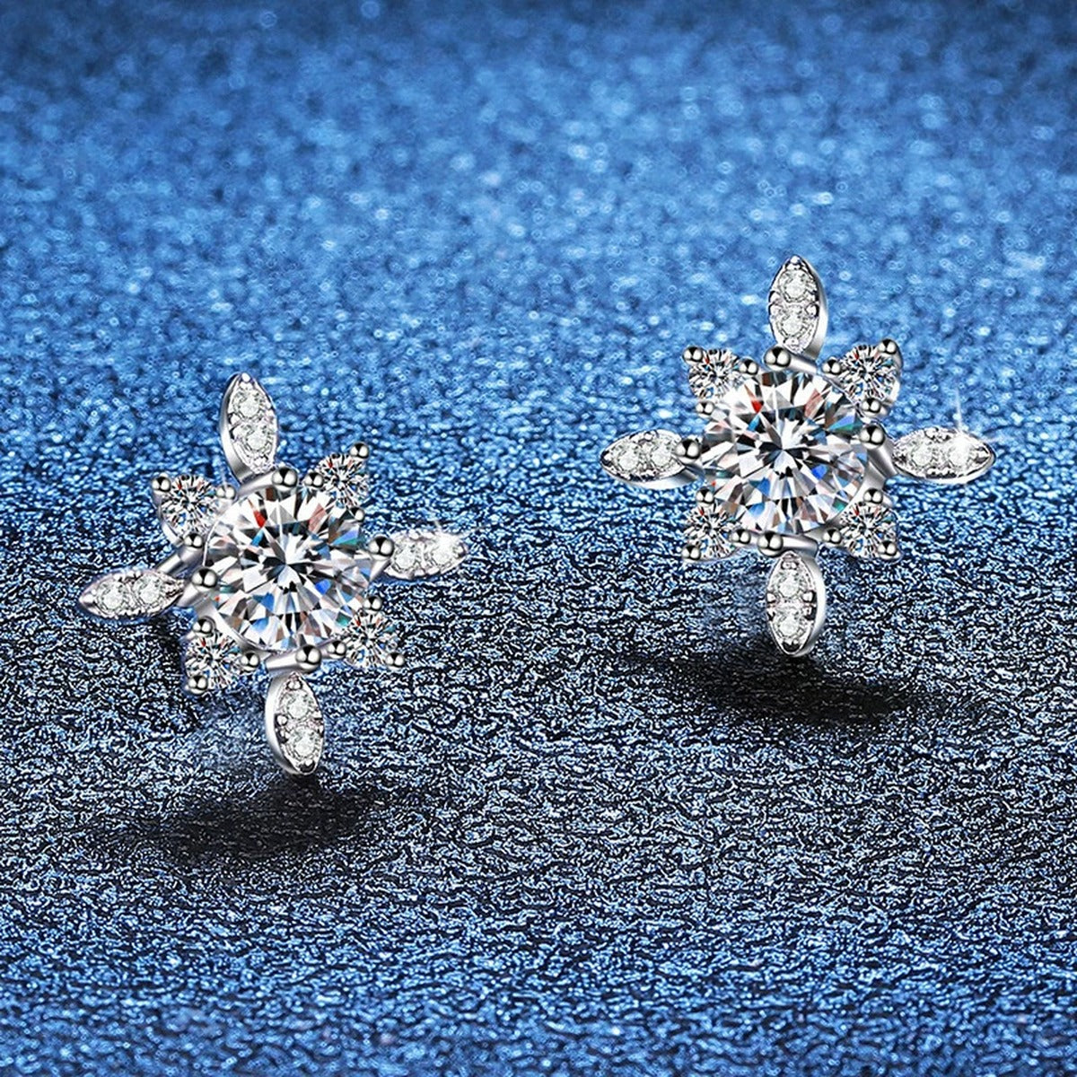 Floral Starburst Moissanite Stud Earrings with CZ in White Gold-Plated S925 blue scene product view