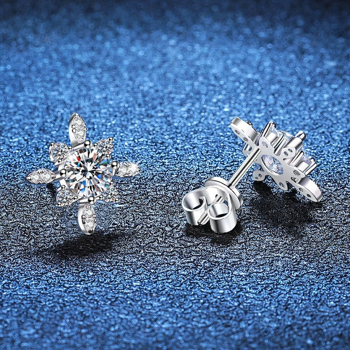 Floral Starburst Moissanite Stud Earrings with CZ in White Gold-Plated S925 blue scene angled view