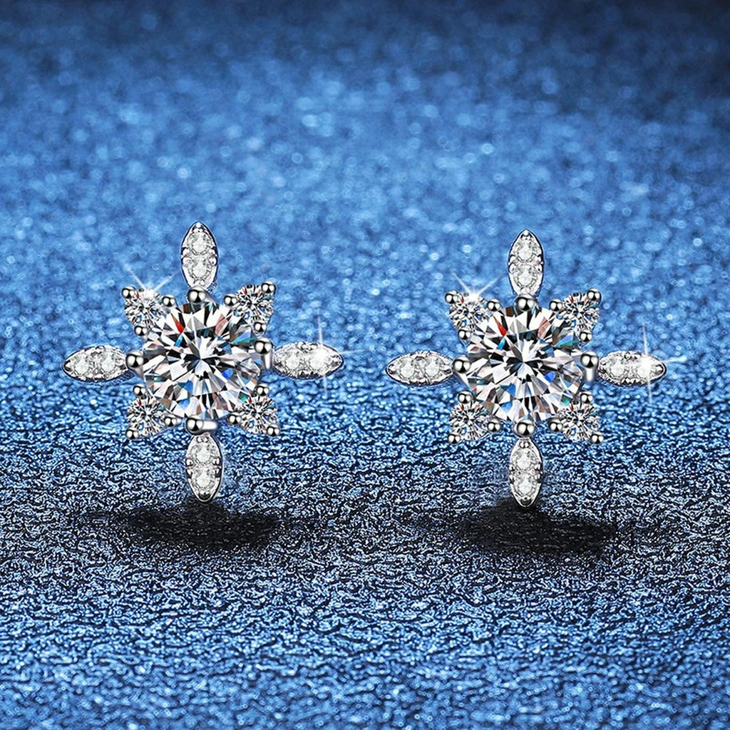 Floral Starburst Moissanite Stud Earrings with CZ in White Gold-Plated S925 blue scene close-up view