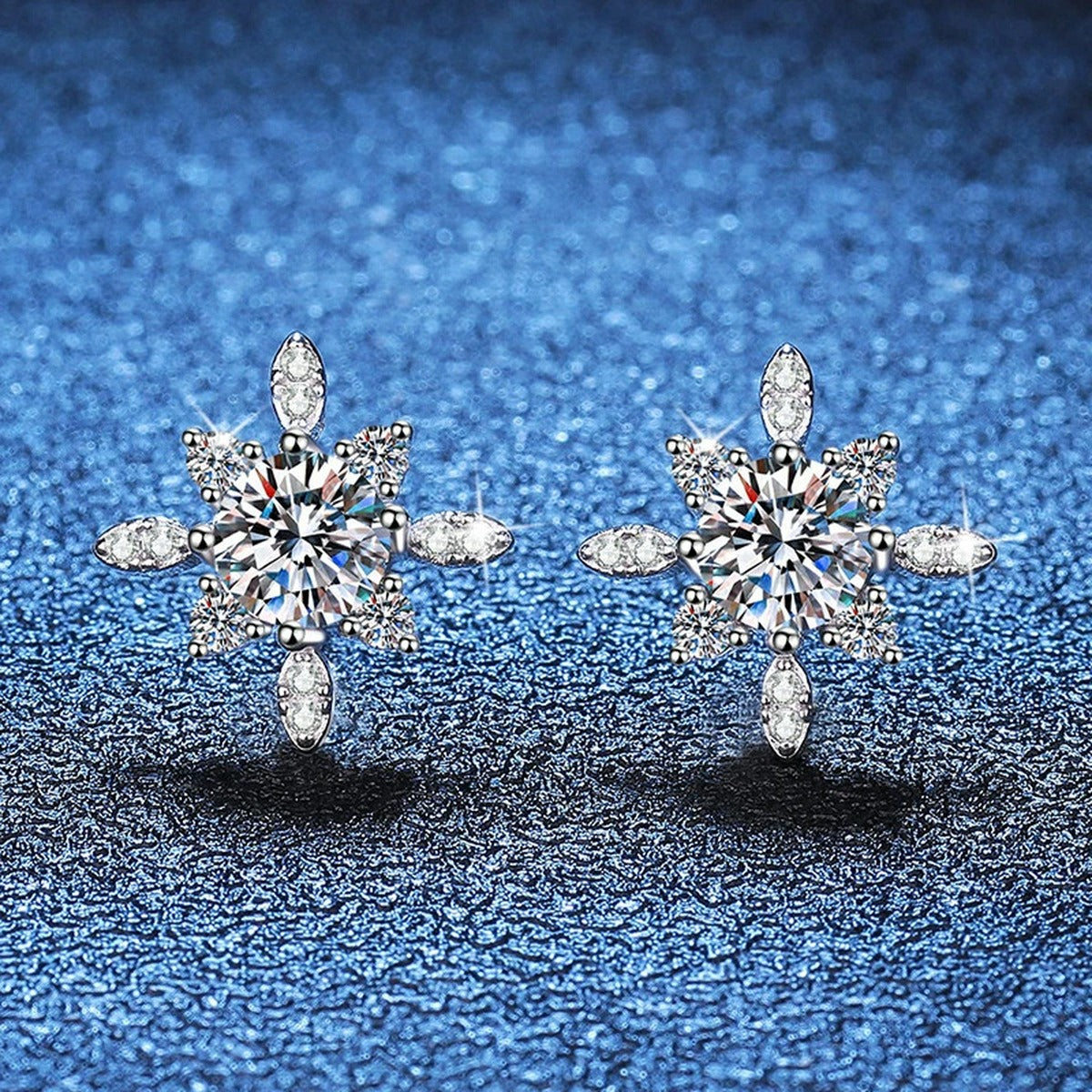 Floral Starburst Moissanite Stud Earrings with CZ in White Gold-Plated S925 blue scene close-up view