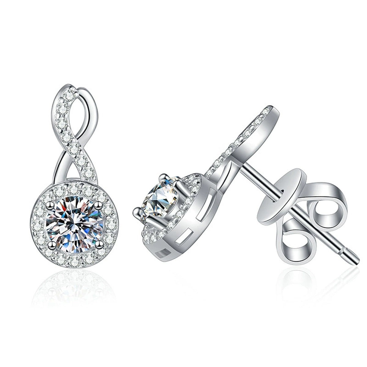 Loop Moissanite Drop Earrings with CZ in White Gold-Plated S925 Silver on clean white background showing slim loop drop earrings with a round moissanite accent
