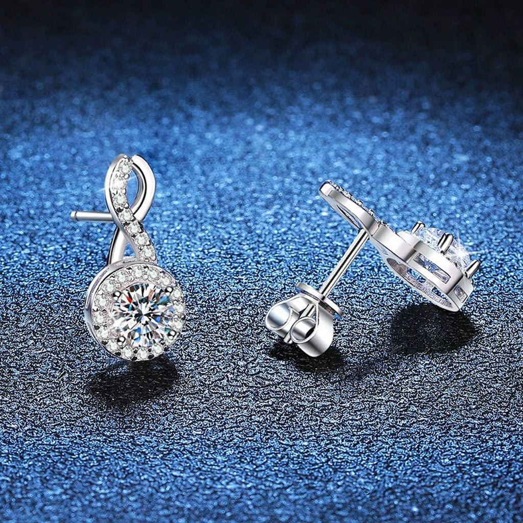 Loop Moissanite Drop Earrings with CZ in White Gold-Plated S925 Silver blue scene angled view