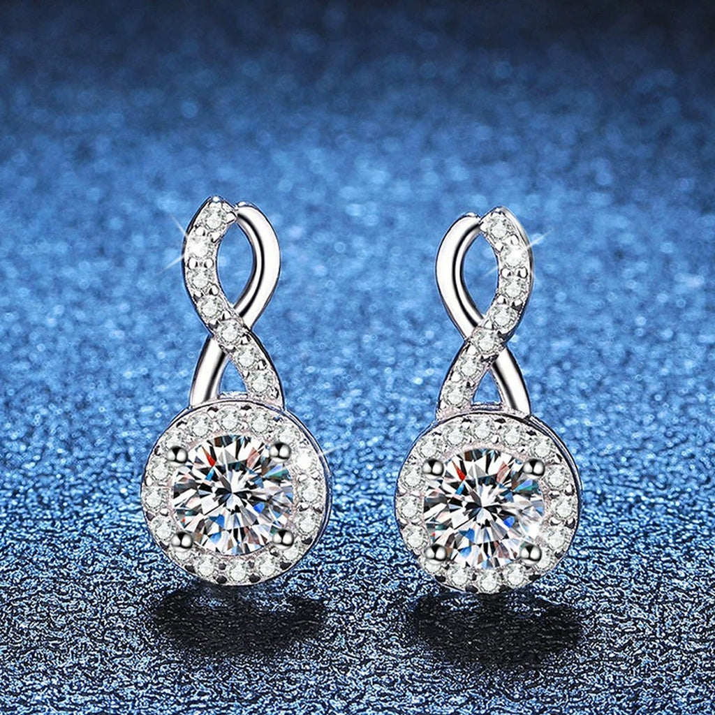 Loop Moissanite Drop Earrings with CZ in White Gold-Plated S925 Silver blue scene close-up view