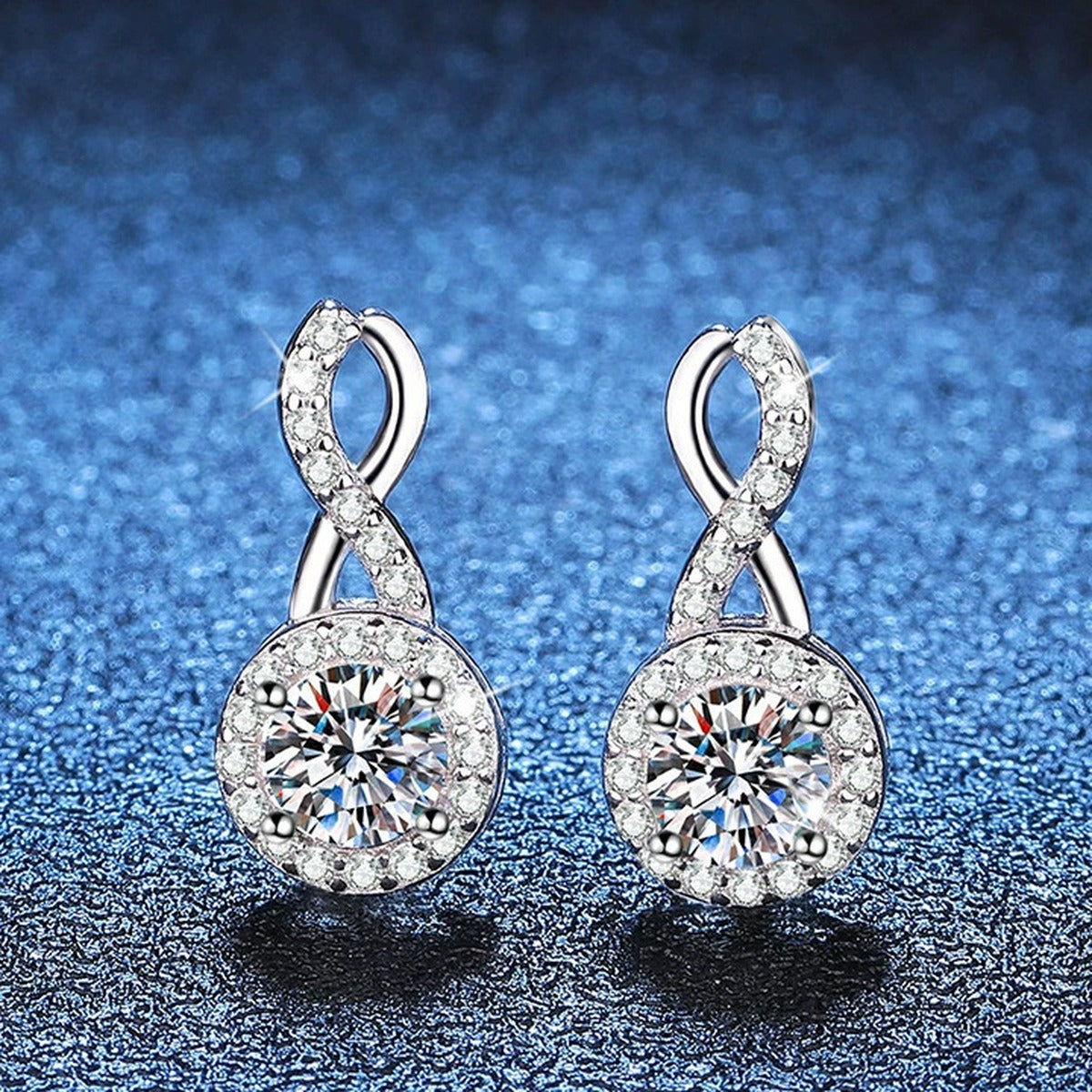 Loop Moissanite Drop Earrings with CZ in White Gold-Plated S925 Silver blue scene close-up view