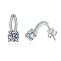 Round Moissanite Hoop Drop Earrings with CZ in White Gold-Plated S925 on clean white background showing slender hoop drop earrings with a round moissanite front