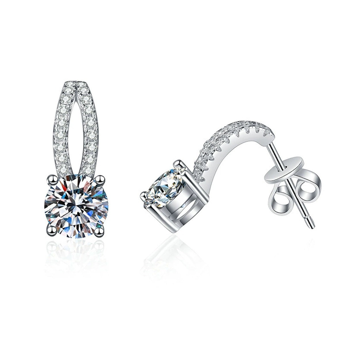 Round Moissanite Hoop Drop Earrings with CZ in White Gold-Plated S925 on clean white background showing slender hoop drop earrings with a round moissanite front