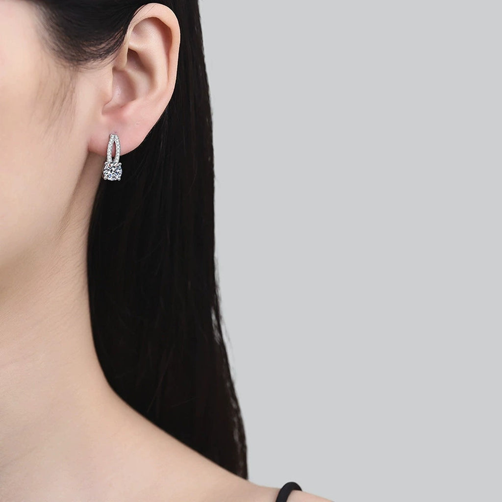 Round Moissanite Hoop Drop Earrings with CZ in White Gold-Plated S925 worn on ear by model