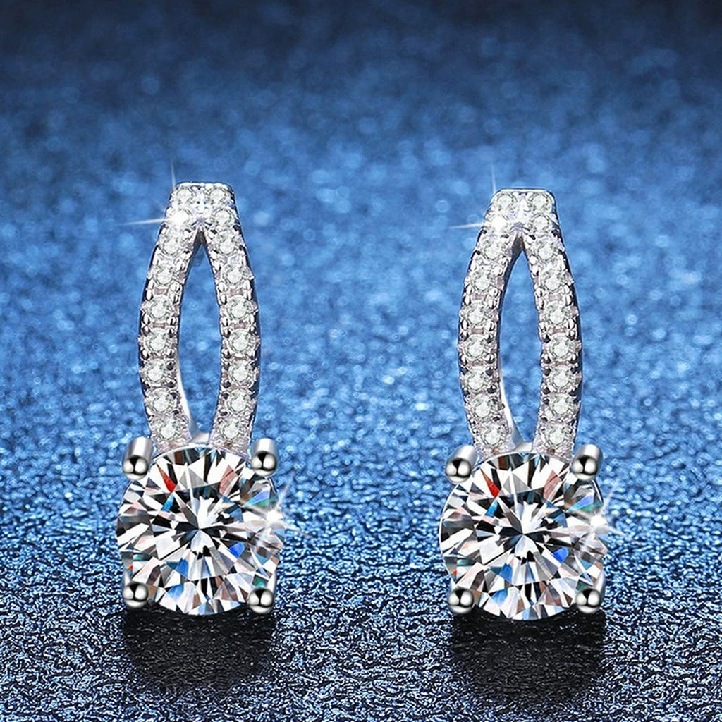 Round Moissanite Hoop Drop Earrings with CZ in White Gold-Plated S925 blue scene product view