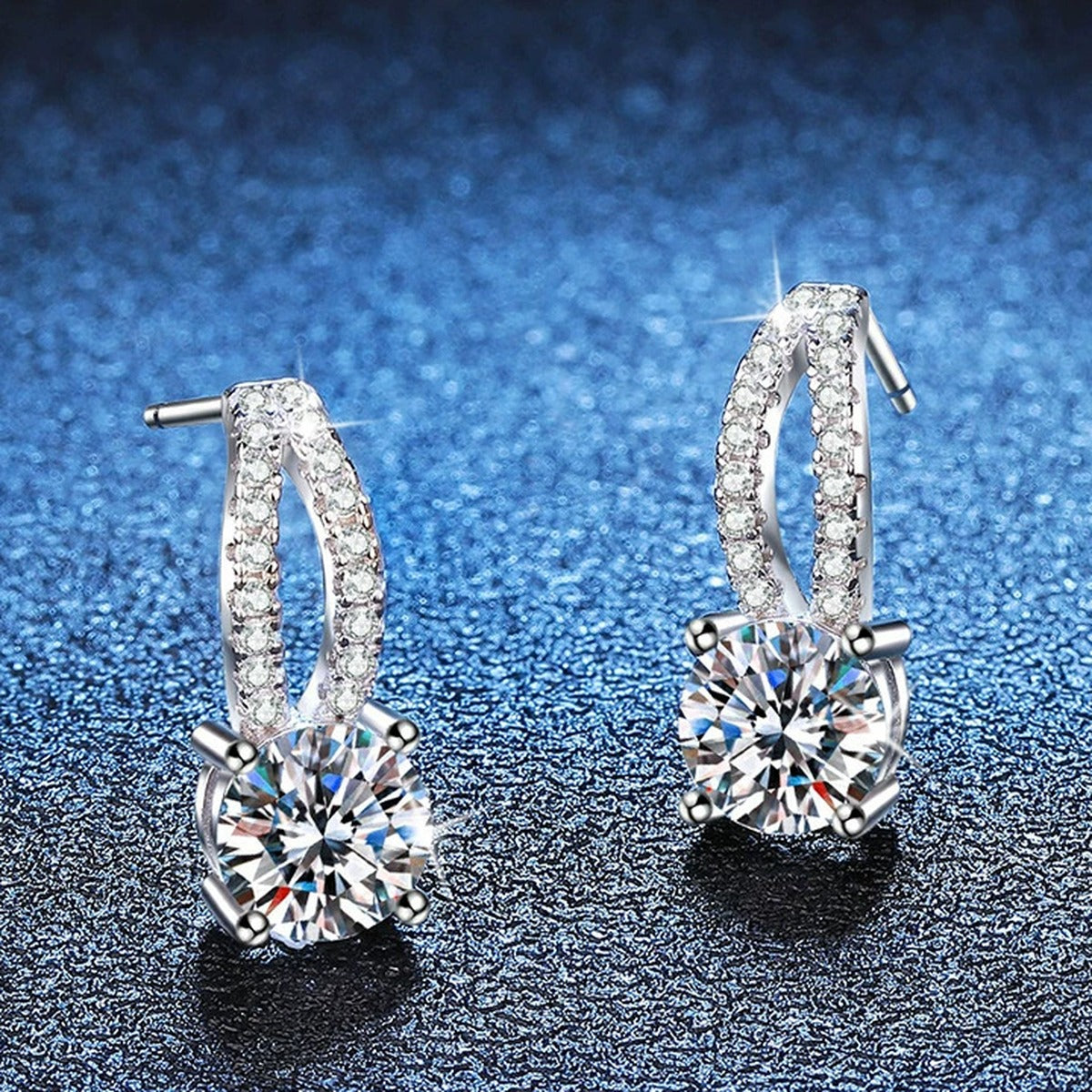Round Moissanite Hoop Drop Earrings with CZ in White Gold-Plated S925 blue scene angled view