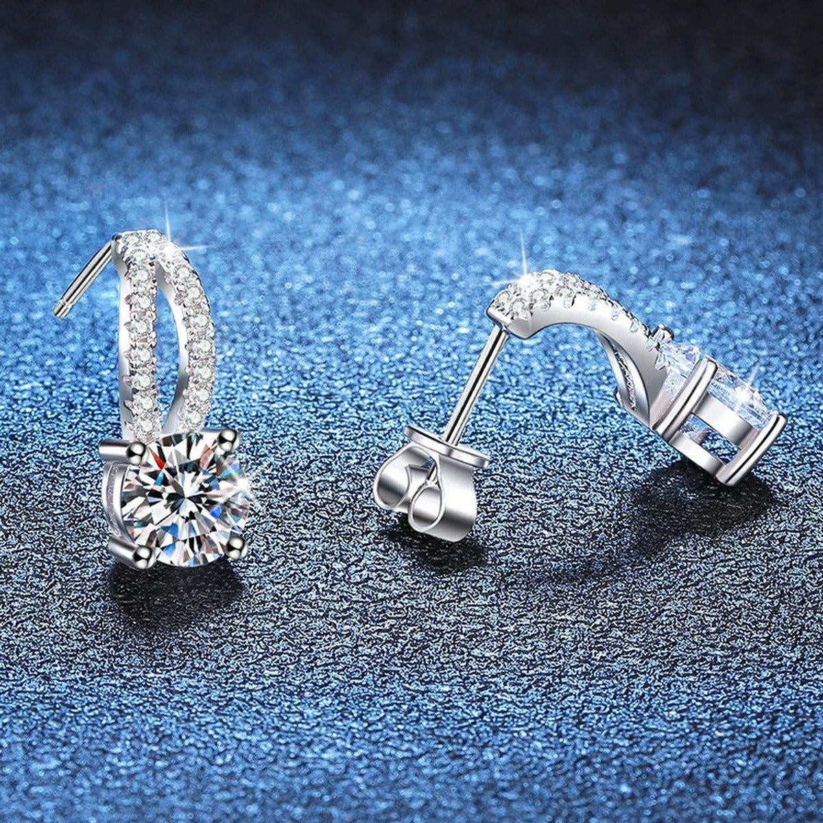 Round Moissanite Hoop Drop Earrings with CZ in White Gold-Plated S925 blue scene close-up view