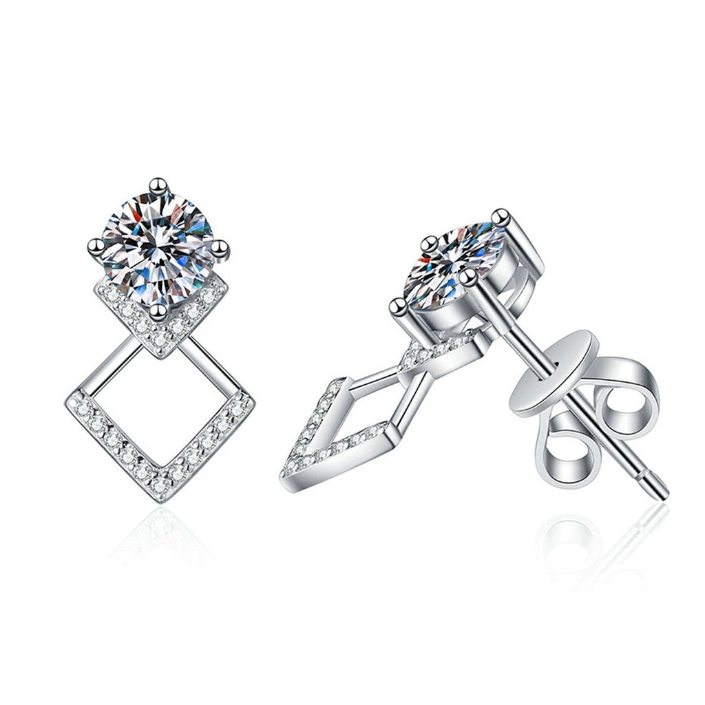 Diamond Shape Moissanite Drop Earrings with CZ in White Gold-Plated S925 on clean white background showing geometric diamond-shaped drops with a round moissanite top