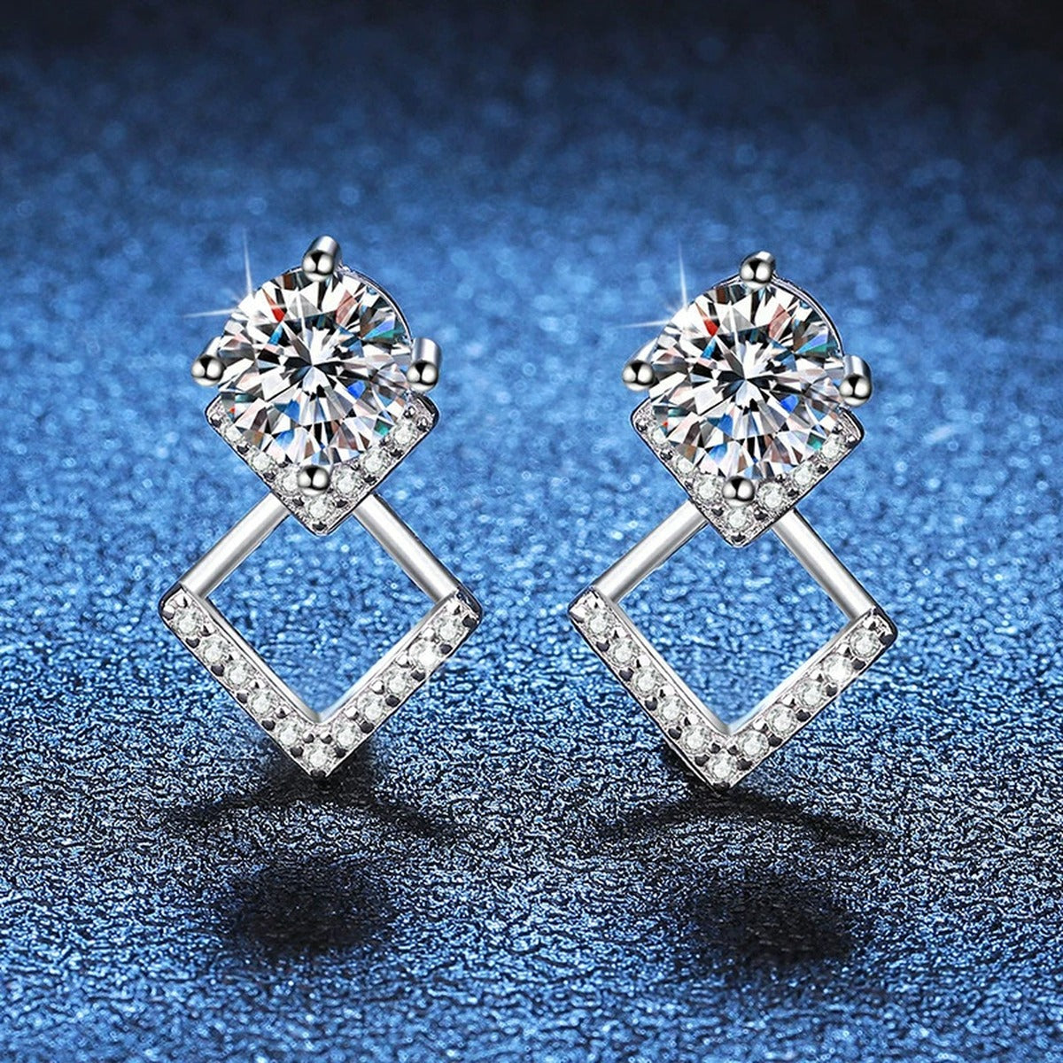 Diamond Shape Moissanite Drop Earrings with CZ in White Gold-Plated S925 blue scene product view