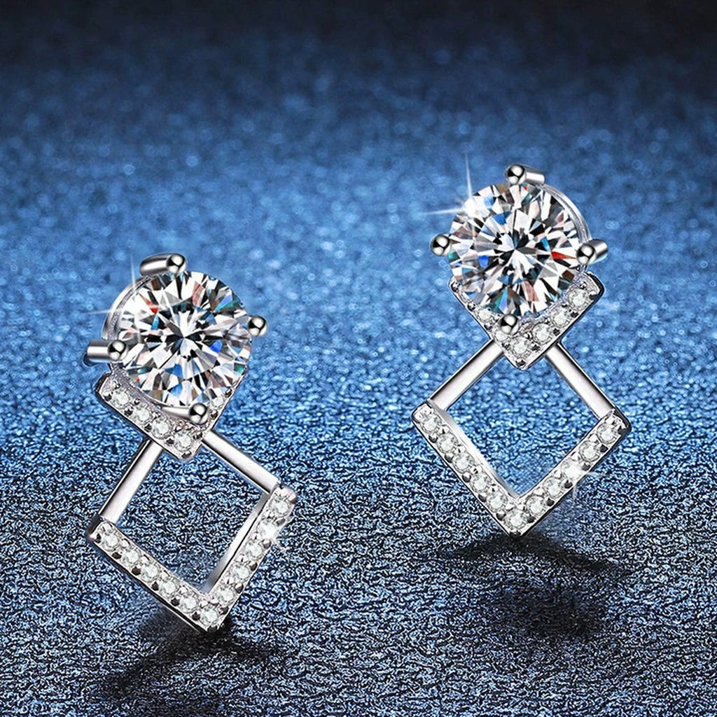 Diamond Shape Moissanite Drop Earrings with CZ in White Gold-Plated S925 blue scene angled view