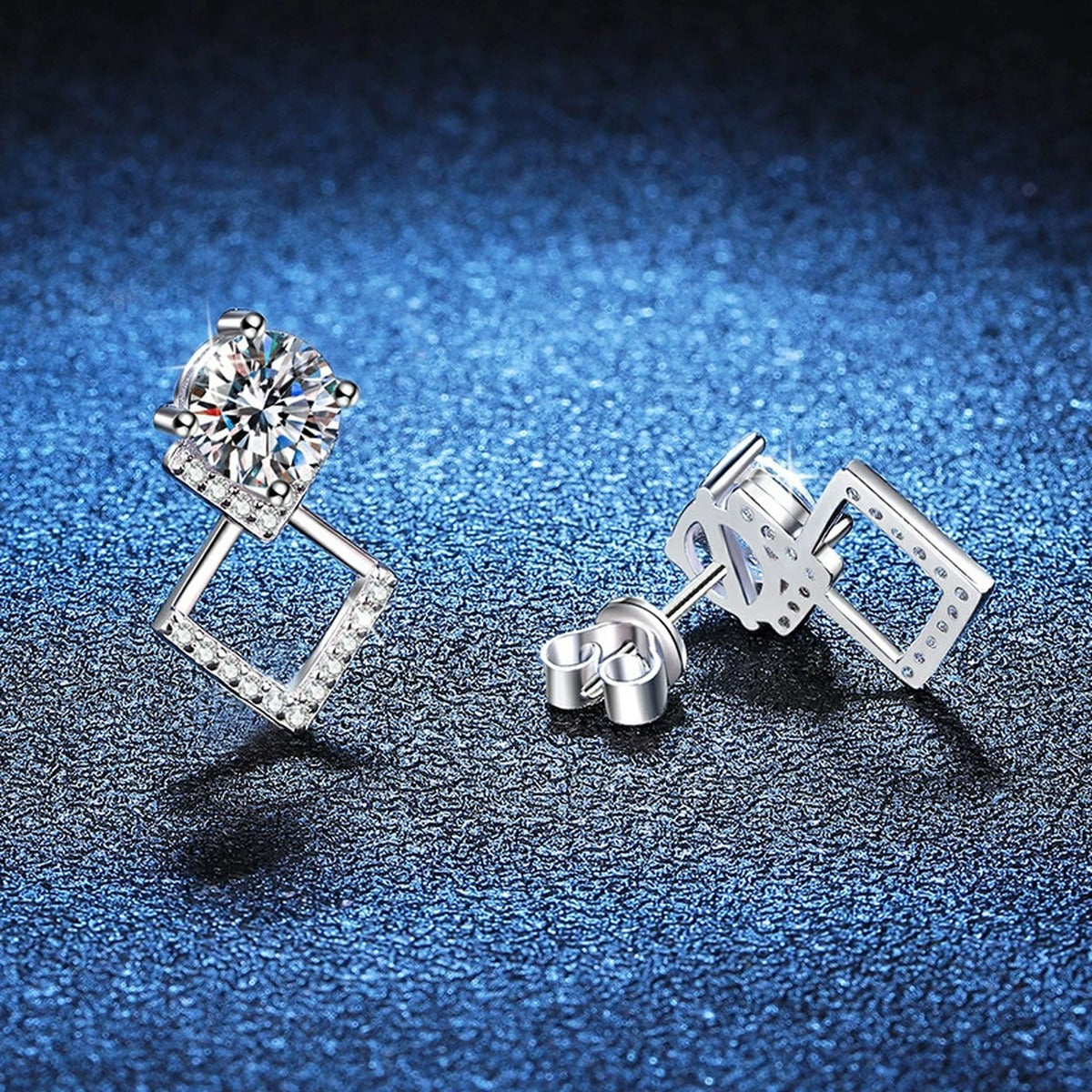 Diamond Shape Moissanite Drop Earrings with CZ in White Gold-Plated S925 blue scene close-up view