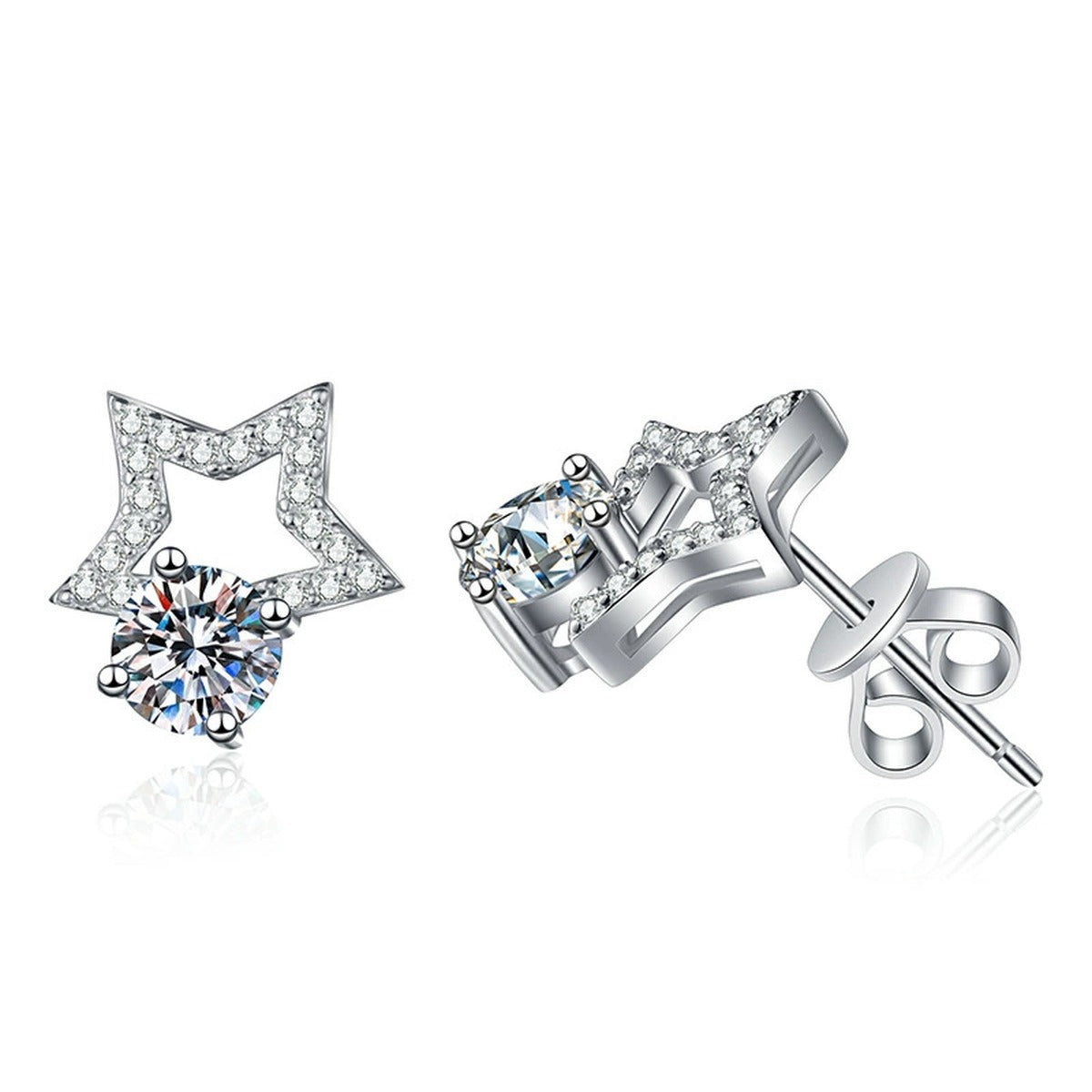Star Moissanite Stud Earrings with CZ in White Gold-Plated S925 Silver on clean white background showing star-shaped stud earrings with a round moissanite center
