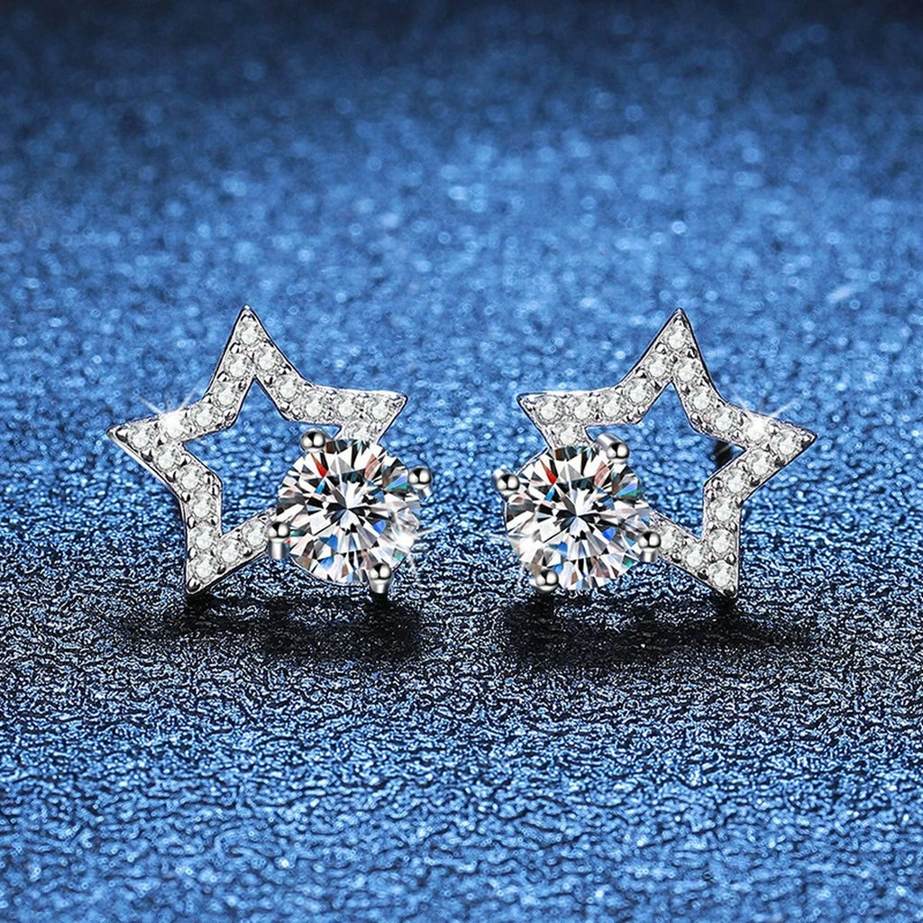 Star Moissanite Stud Earrings with CZ in White Gold-Plated S925 Silver blue scene product view