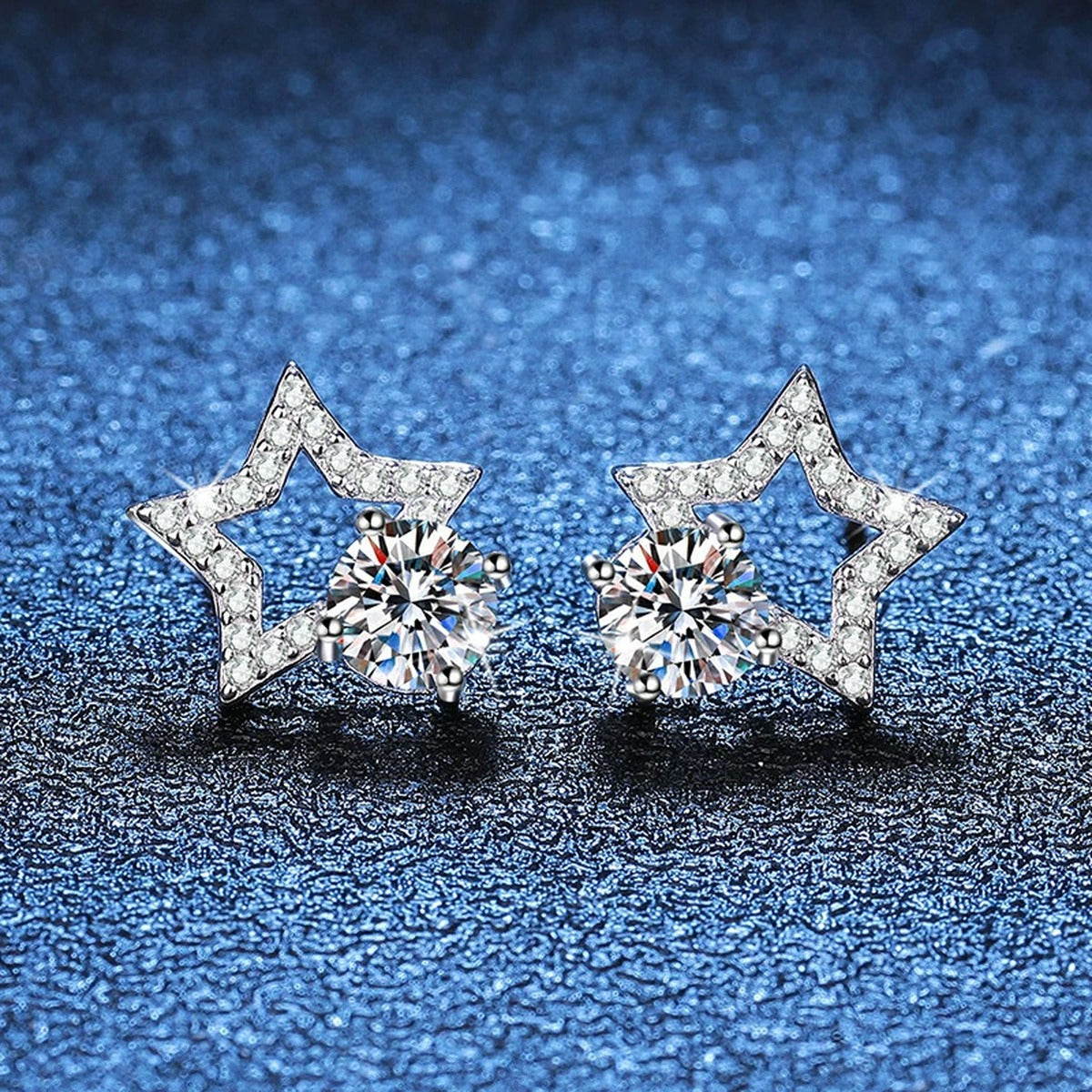 Star Moissanite Stud Earrings with CZ in White Gold-Plated S925 Silver blue scene product view