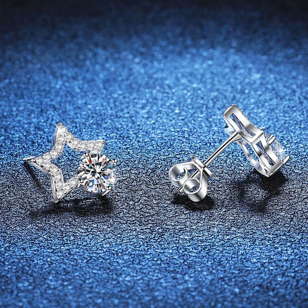 Star Moissanite Stud Earrings with CZ in White Gold-Plated S925 Silver blue scene angled view