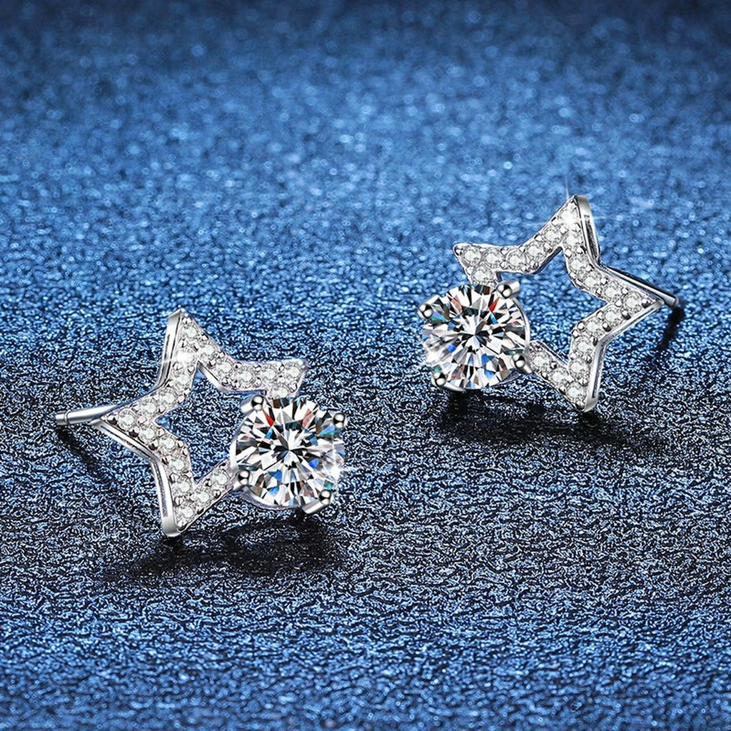 Star Moissanite Stud Earrings with CZ in White Gold-Plated S925 Silver blue scene close-up view