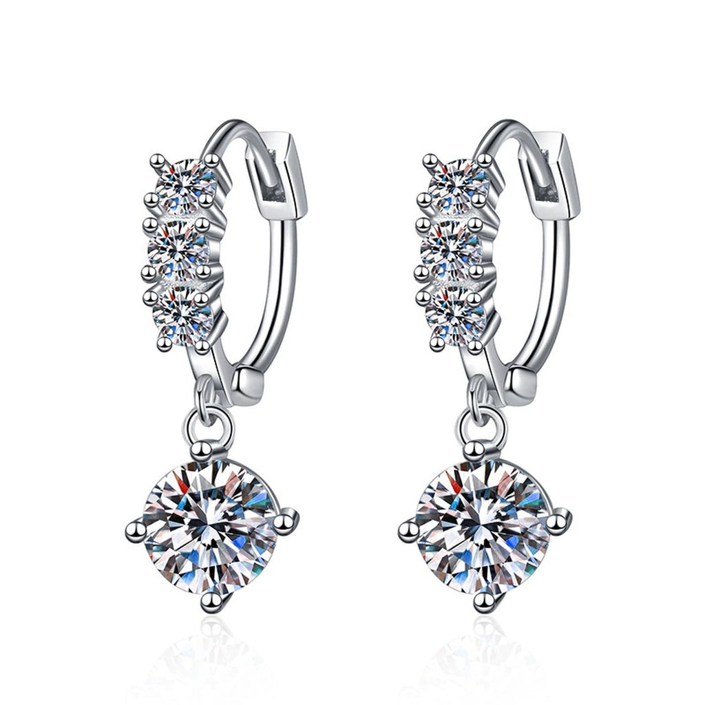 Round Moissanite Hoop Drop Earrings with CZ in White Gold-Plated S925 on clean white background showing polished hoop drops with a bright round moissanite dangle