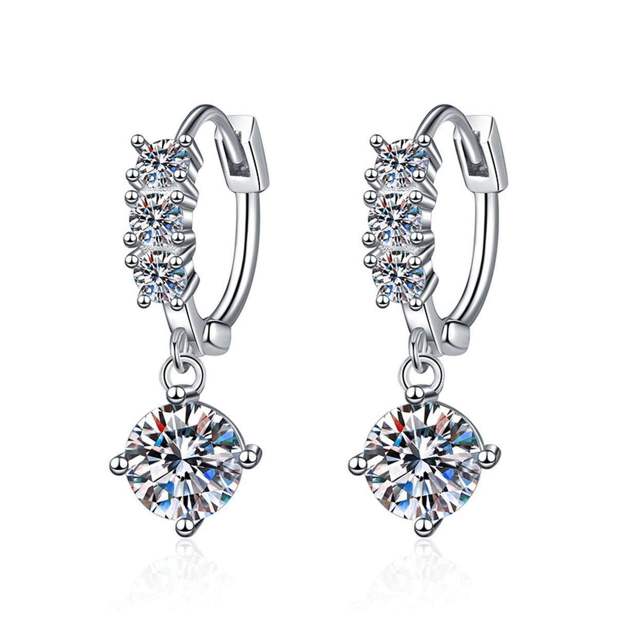 Round Moissanite Hoop Drop Earrings with CZ in White Gold-Plated S925 on clean white background showing polished hoop drops with a bright round moissanite dangle