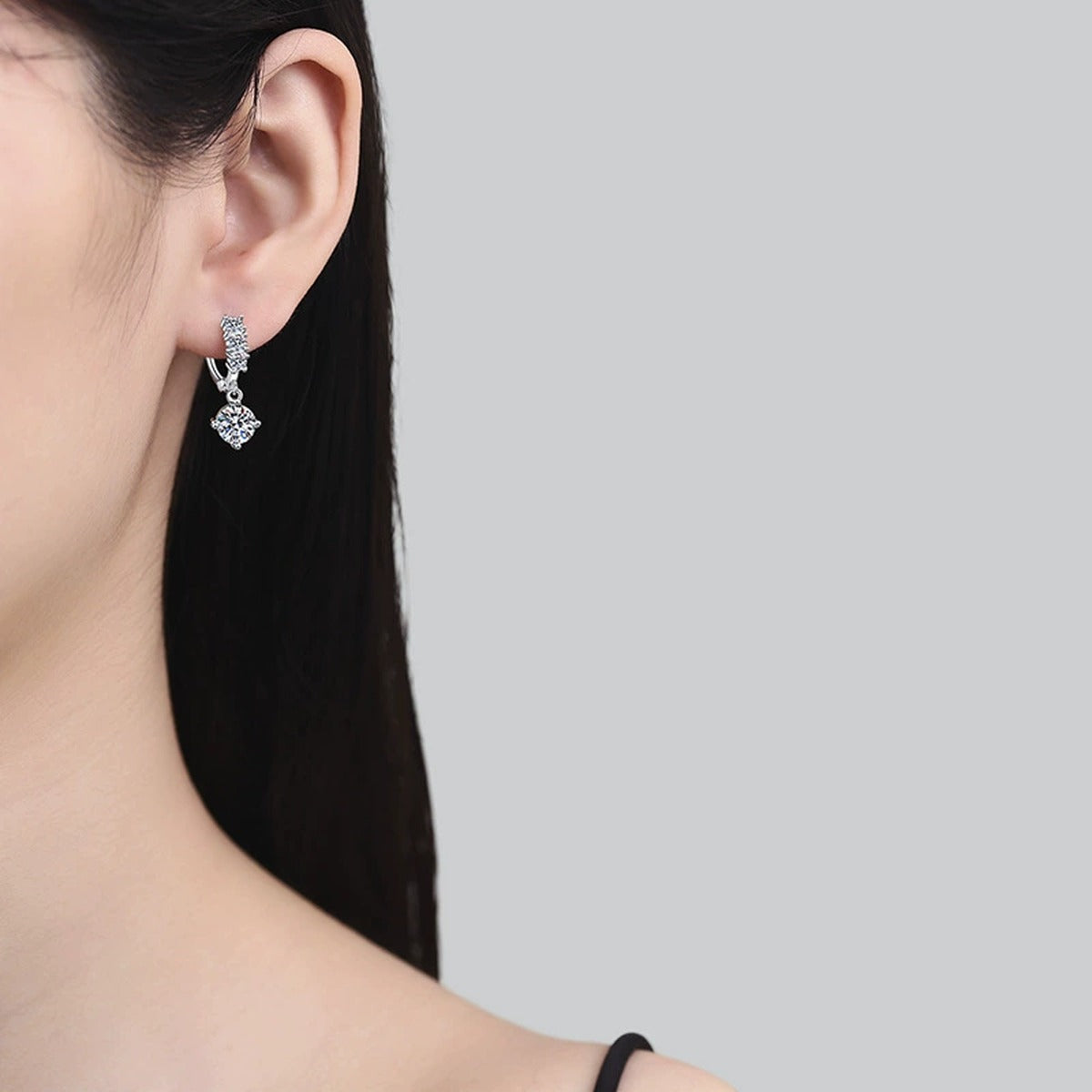 Round Moissanite Hoop Drop Earrings with CZ in White Gold-Plated S925 worn on ear by model