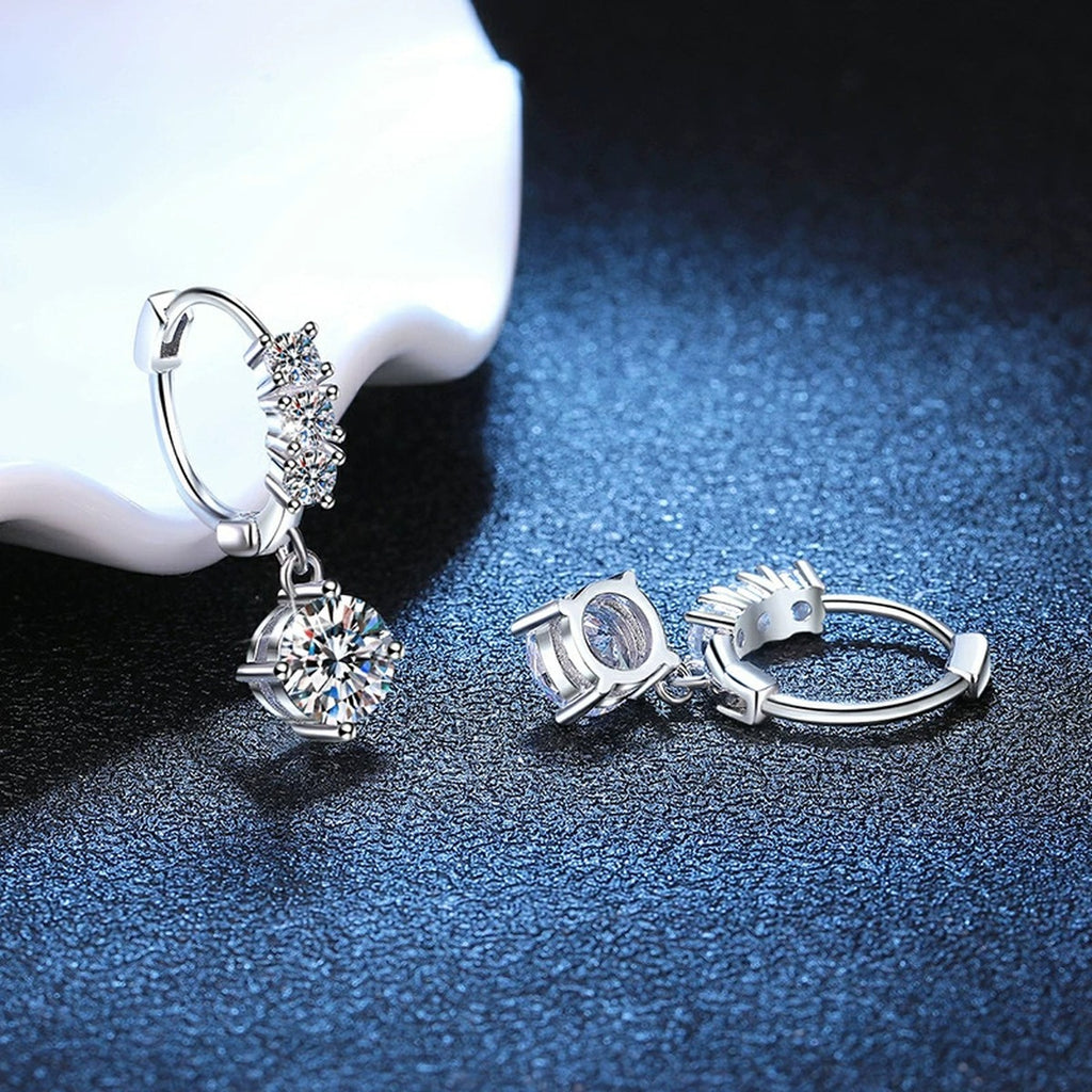 Round Moissanite Hoop Drop Earrings with CZ in White Gold-Plated S925 blue scene product view