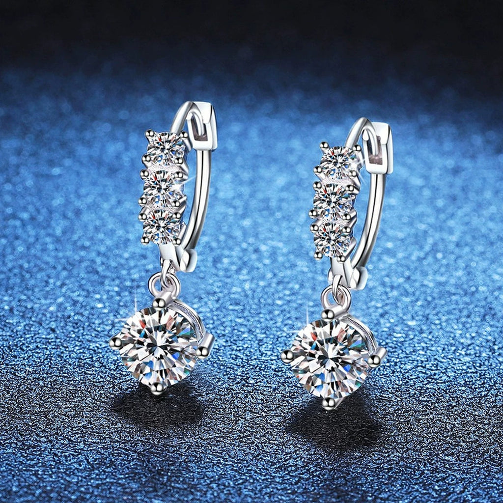 Round Moissanite Hoop Drop Earrings with CZ in White Gold-Plated S925 blue scene angled view