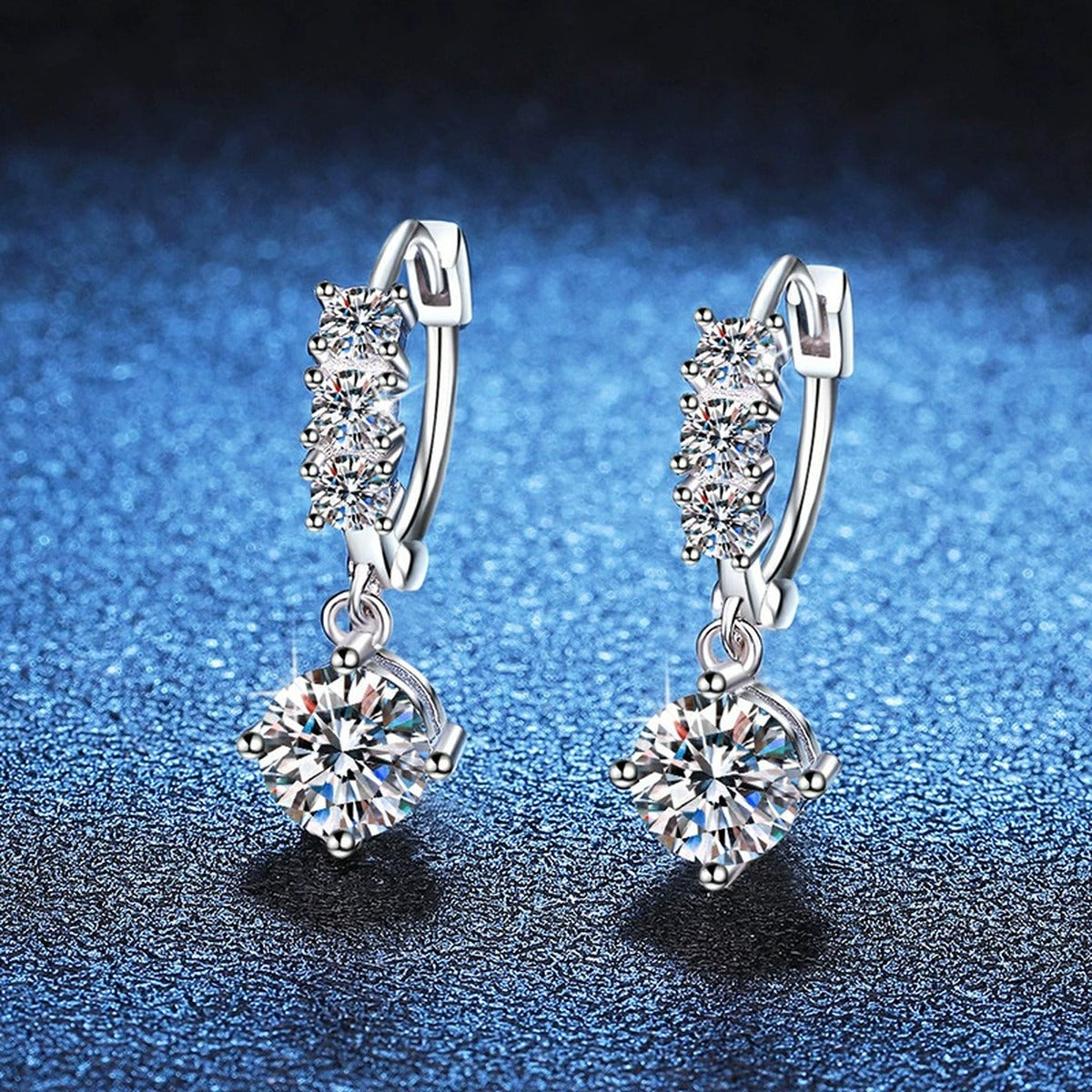 Round Moissanite Hoop Drop Earrings with CZ in White Gold-Plated S925 blue scene angled view