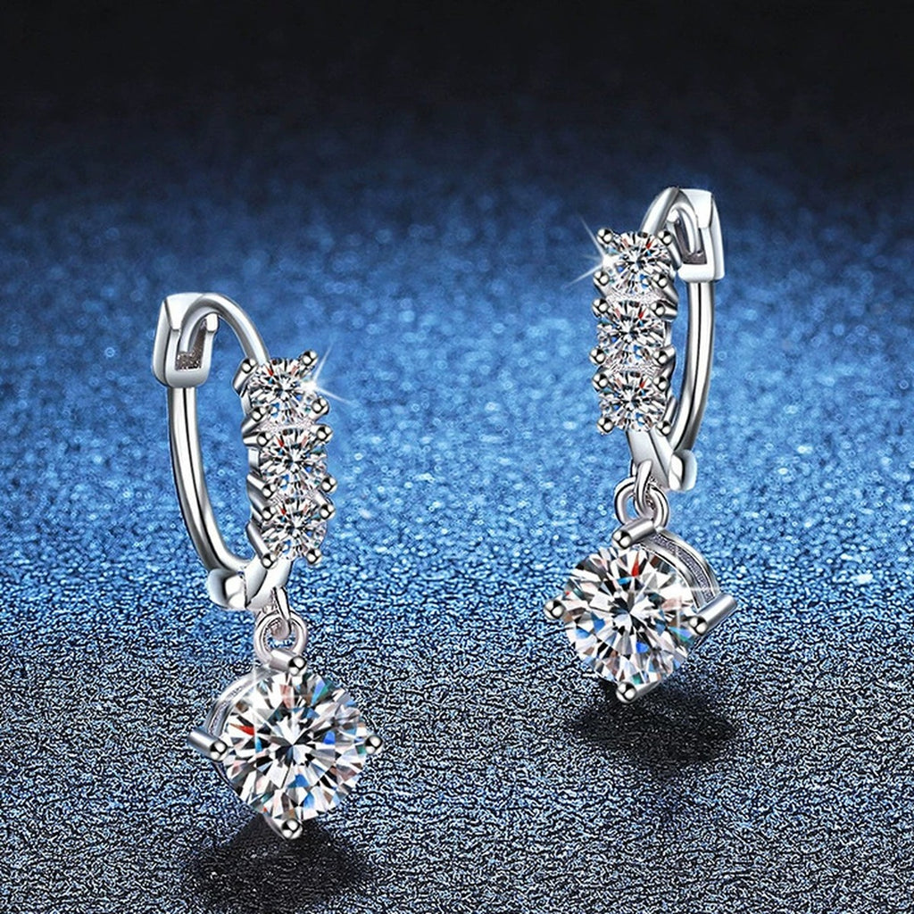 Round Moissanite Hoop Drop Earrings with CZ in White Gold-Plated S925 blue scene close-up view