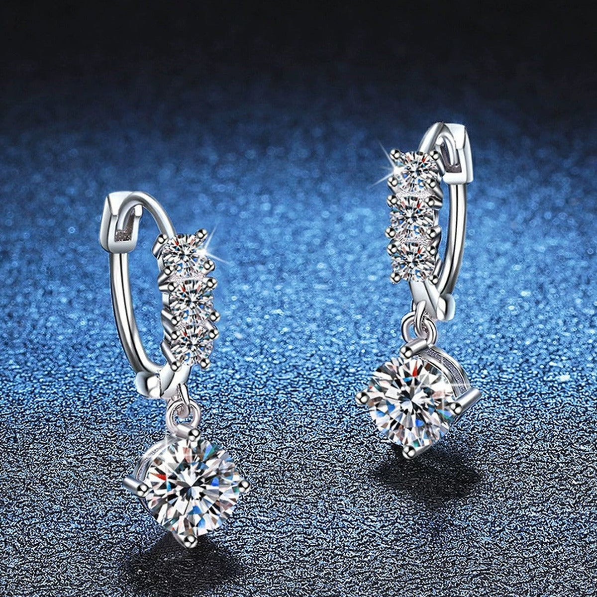 Round Moissanite Hoop Drop Earrings with CZ in White Gold-Plated S925 blue scene close-up view