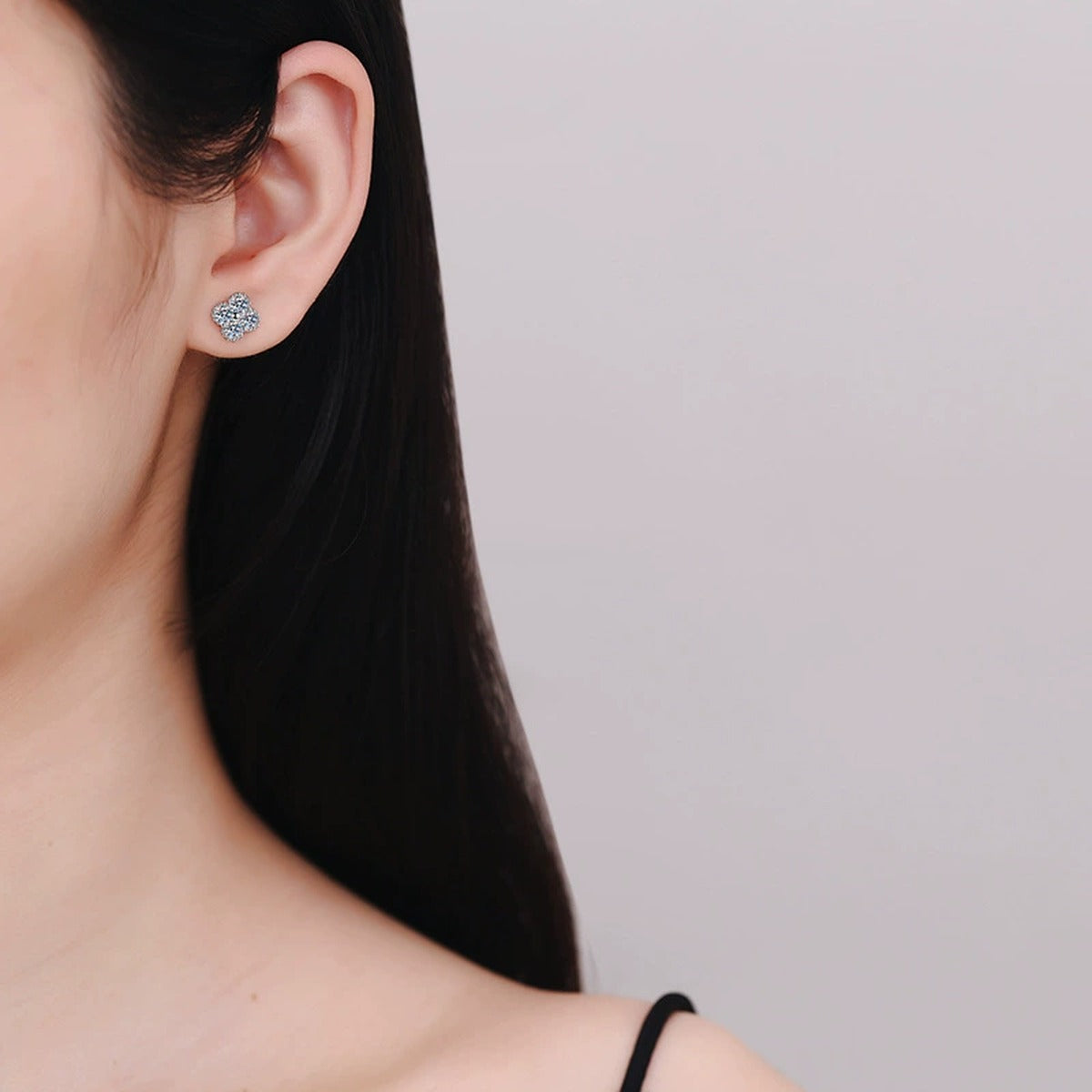 Cluster Moissanite Stud Earrings in Gold-Plated S925 Sterling Silver worn on ear by model