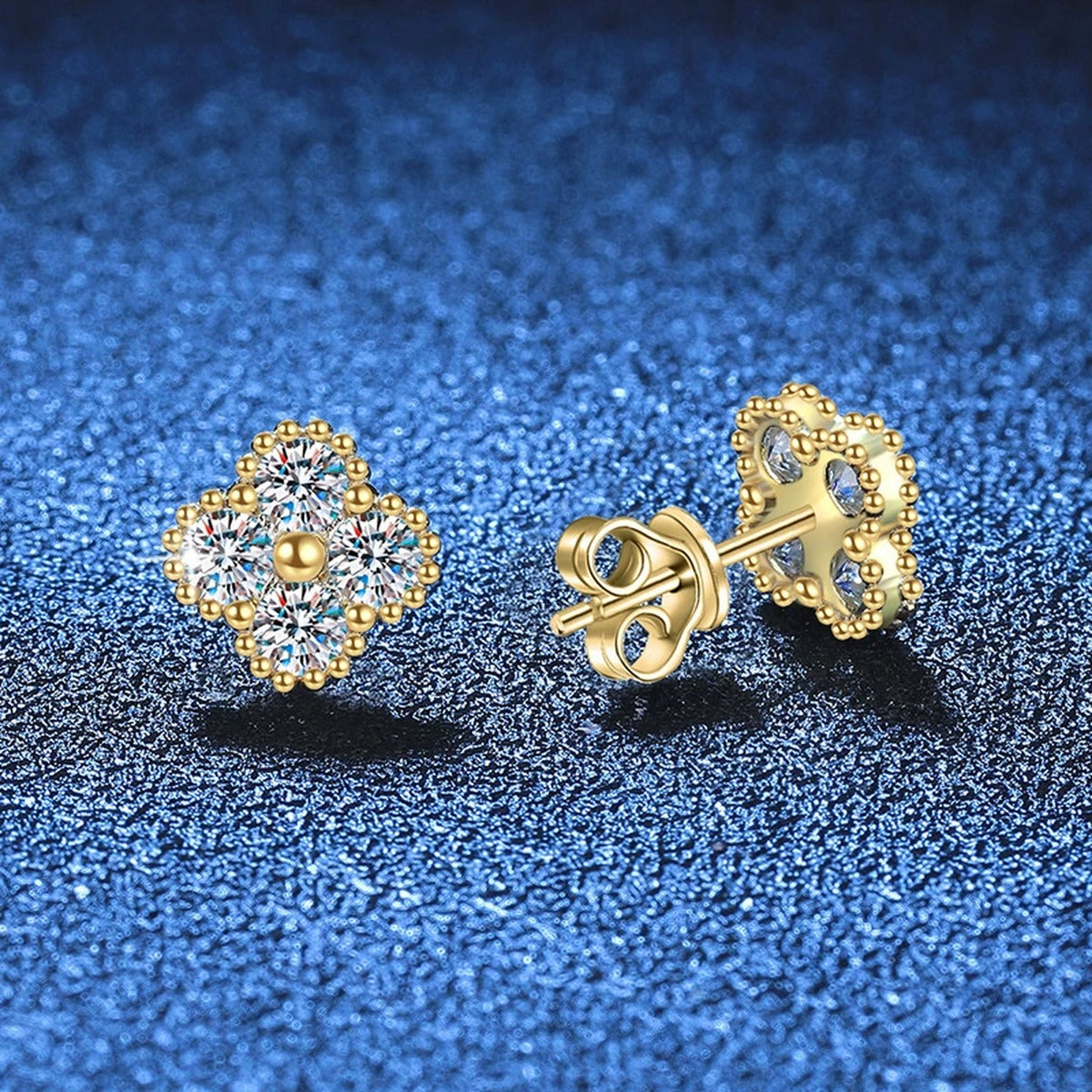 Cluster Moissanite Stud Earrings in Gold-Plated S925 Sterling Silver blue scene angled view