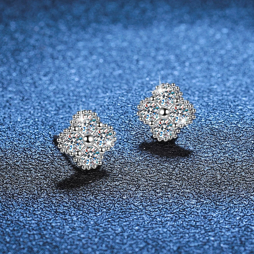 Cluster Moissanite Stud Earrings in Gold-Plated S925 Sterling Silver blue scene close-up view