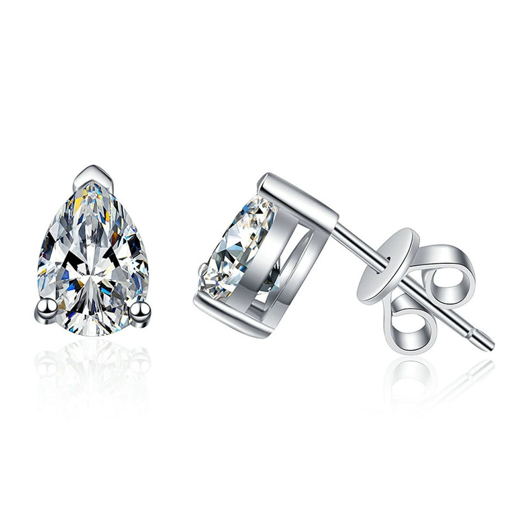 Pear Moissanite Stud Earrings in White Gold-Plated S925 Sterling Silver on clean white background showing pear-shaped stud earrings with a bright faceted moissanite face