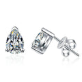 Pear Moissanite Stud Earrings in White Gold-Plated S925 Sterling Silver on clean white background showing pear-shaped stud earrings with a bright faceted moissanite face