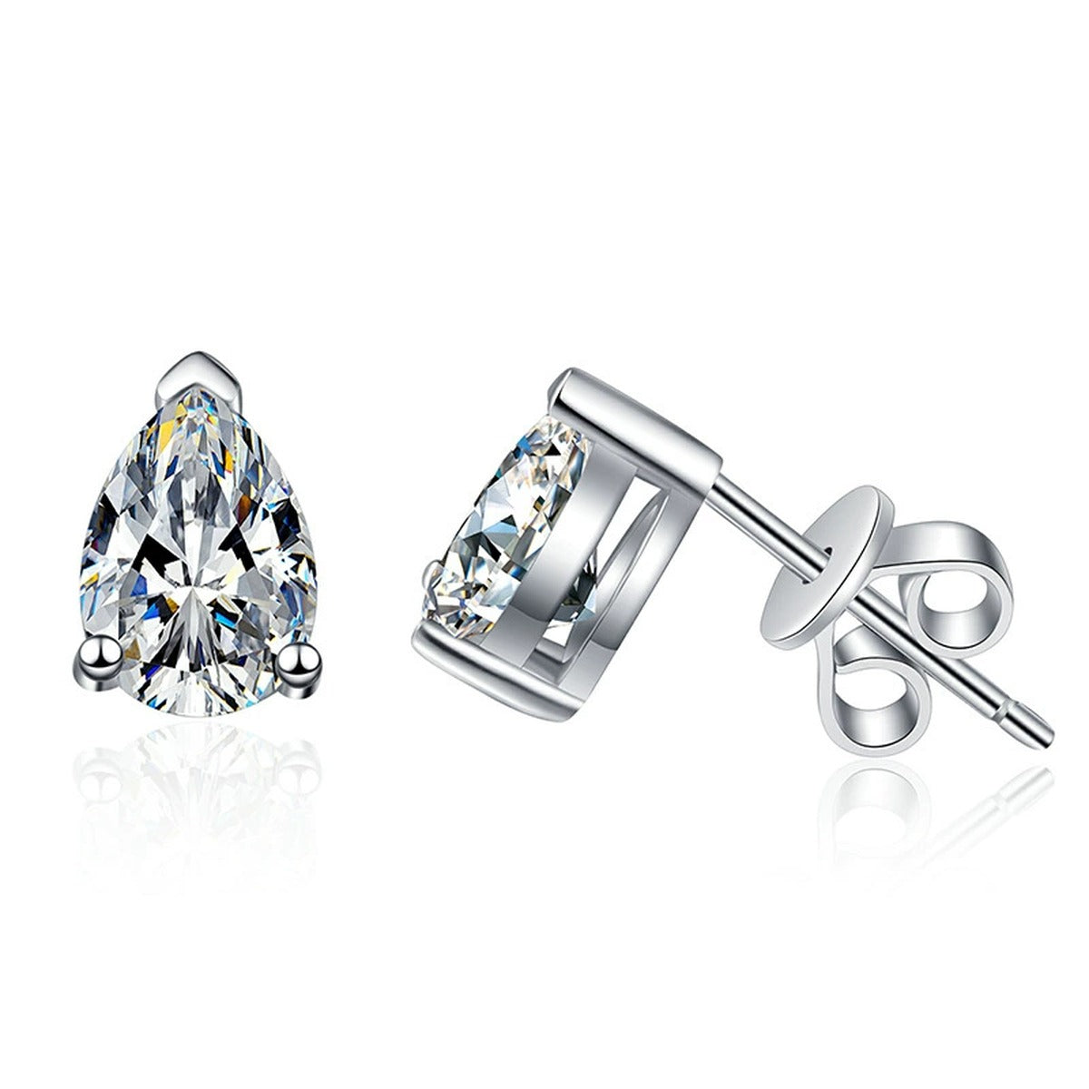 Pear Moissanite Stud Earrings in White Gold-Plated S925 Sterling Silver on clean white background showing pear-shaped stud earrings with a bright faceted moissanite face