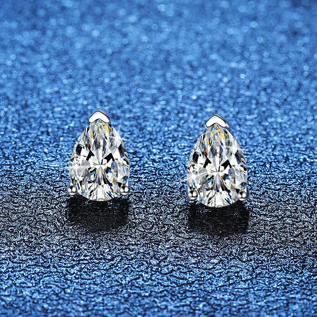 Pear Moissanite Stud Earrings in White Gold-Plated S925 Sterling Silver blue scene product view