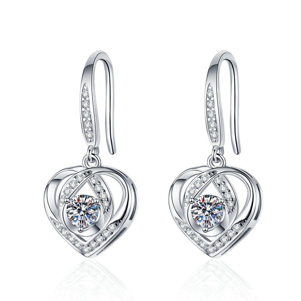 Heart Moissanite Drop Earrings with CZ in White Gold-Plated S925 Silver on clean white background showing heart-shaped drop earrings with a round moissanite center