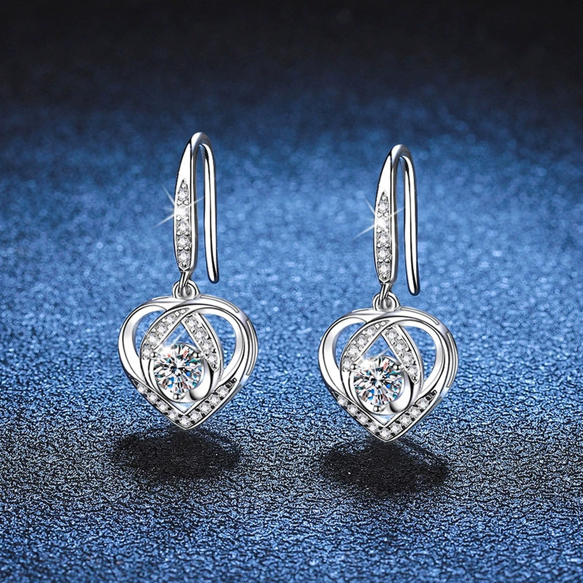 Heart Moissanite Drop Earrings with CZ in White Gold-Plated S925 Silver blue scene product view