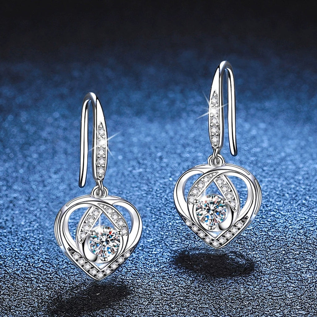 Heart Moissanite Drop Earrings with CZ in White Gold-Plated S925 Silver blue scene angled view