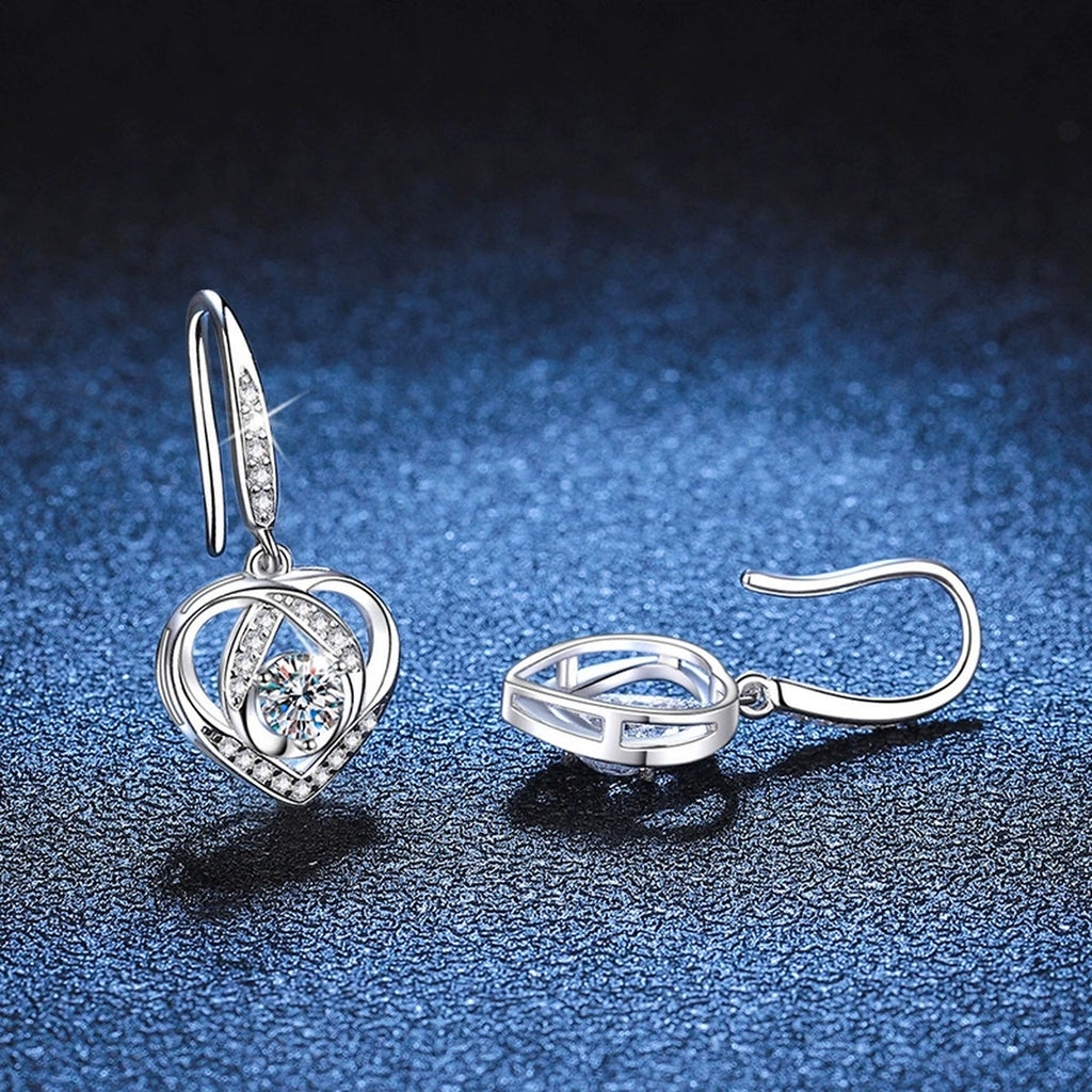 Heart Moissanite Drop Earrings with CZ in White Gold-Plated S925 Silver blue scene close-up view