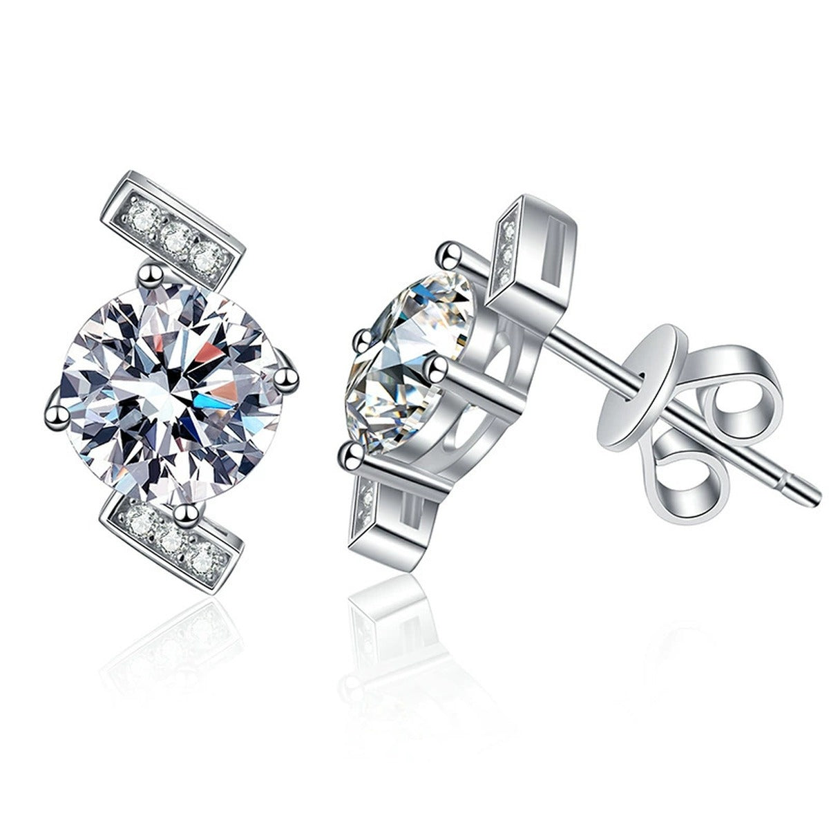 Diamond Shape Moissanite Stud Earrings with CZ in White Gold-Plated S925 on clean white background showing diamond-shaped geometric studs with a round moissanite center
