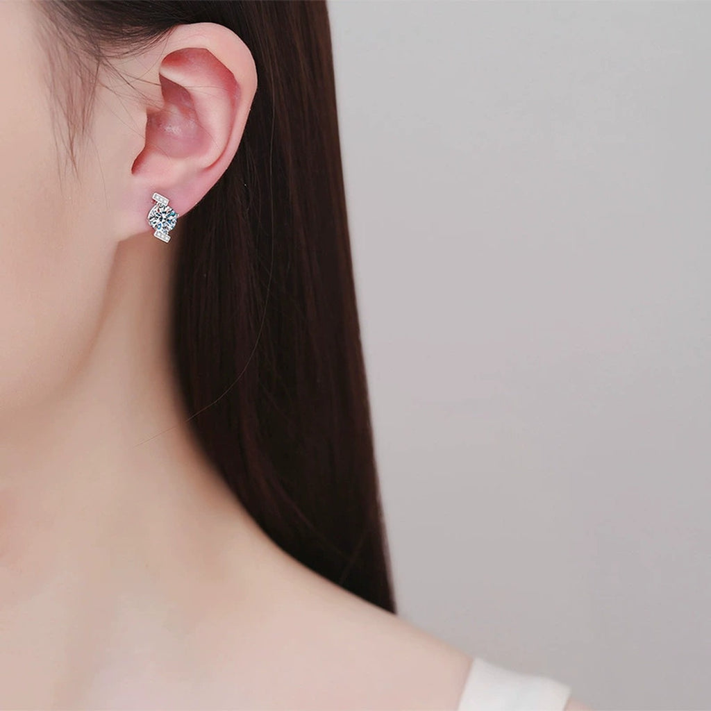 Diamond Shape Moissanite Stud Earrings with CZ in White Gold-Plated S925 worn on ear by model