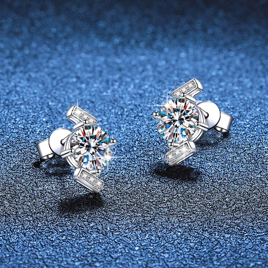 Diamond Shape Moissanite Stud Earrings with CZ in White Gold-Plated S925 blue scene product view