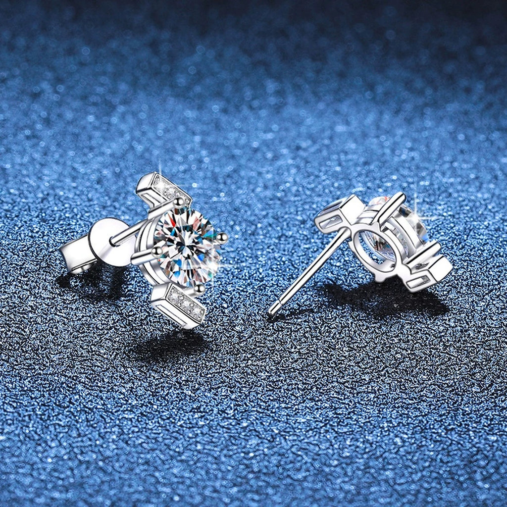 Diamond Shape Moissanite Stud Earrings with CZ in White Gold-Plated S925 blue scene angled view