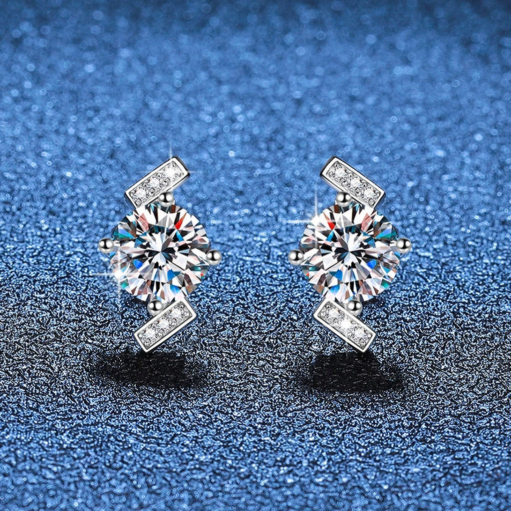 Diamond Shape Moissanite Stud Earrings with CZ in White Gold-Plated S925 blue scene close-up view