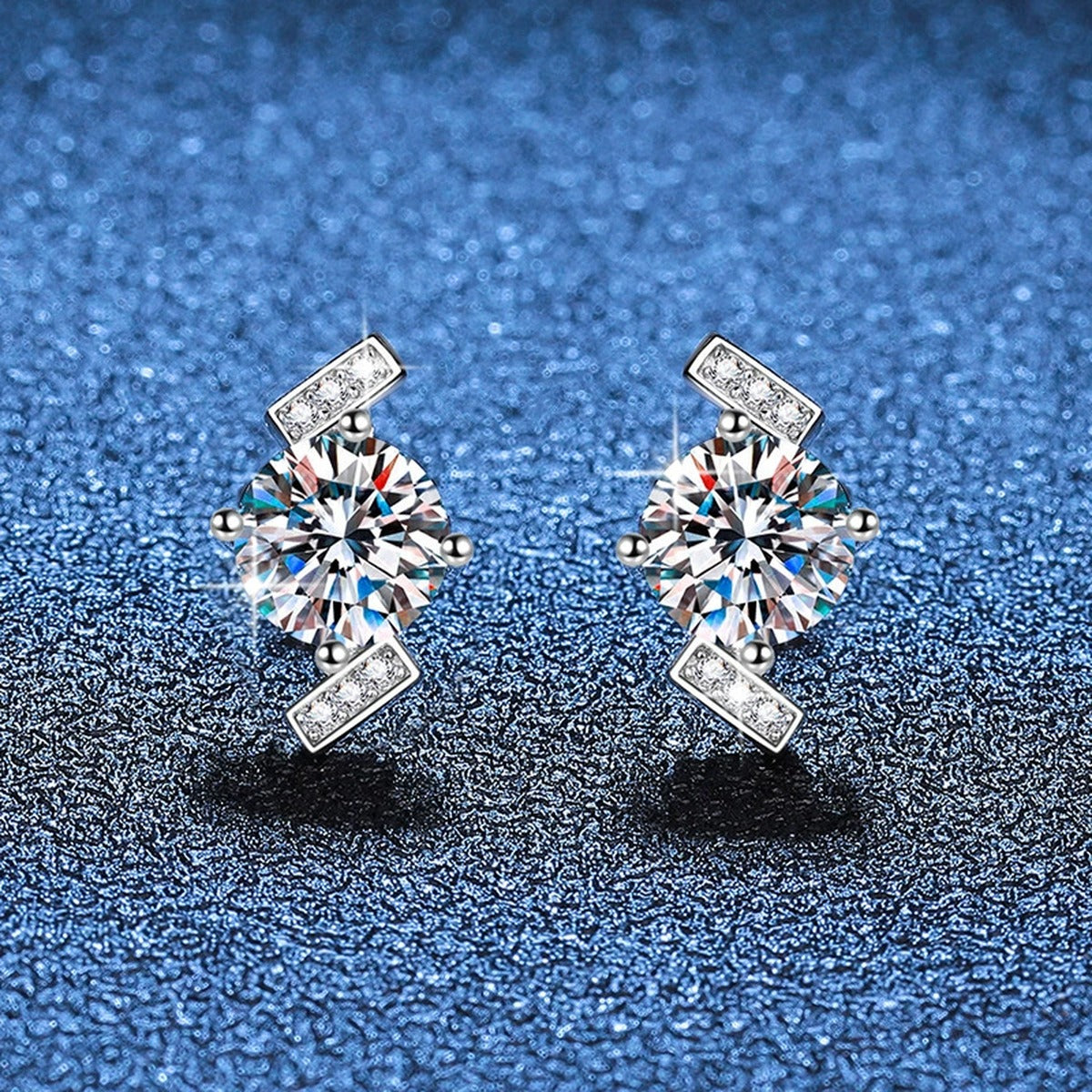 Diamond Shape Moissanite Stud Earrings with CZ in White Gold-Plated S925 blue scene close-up view